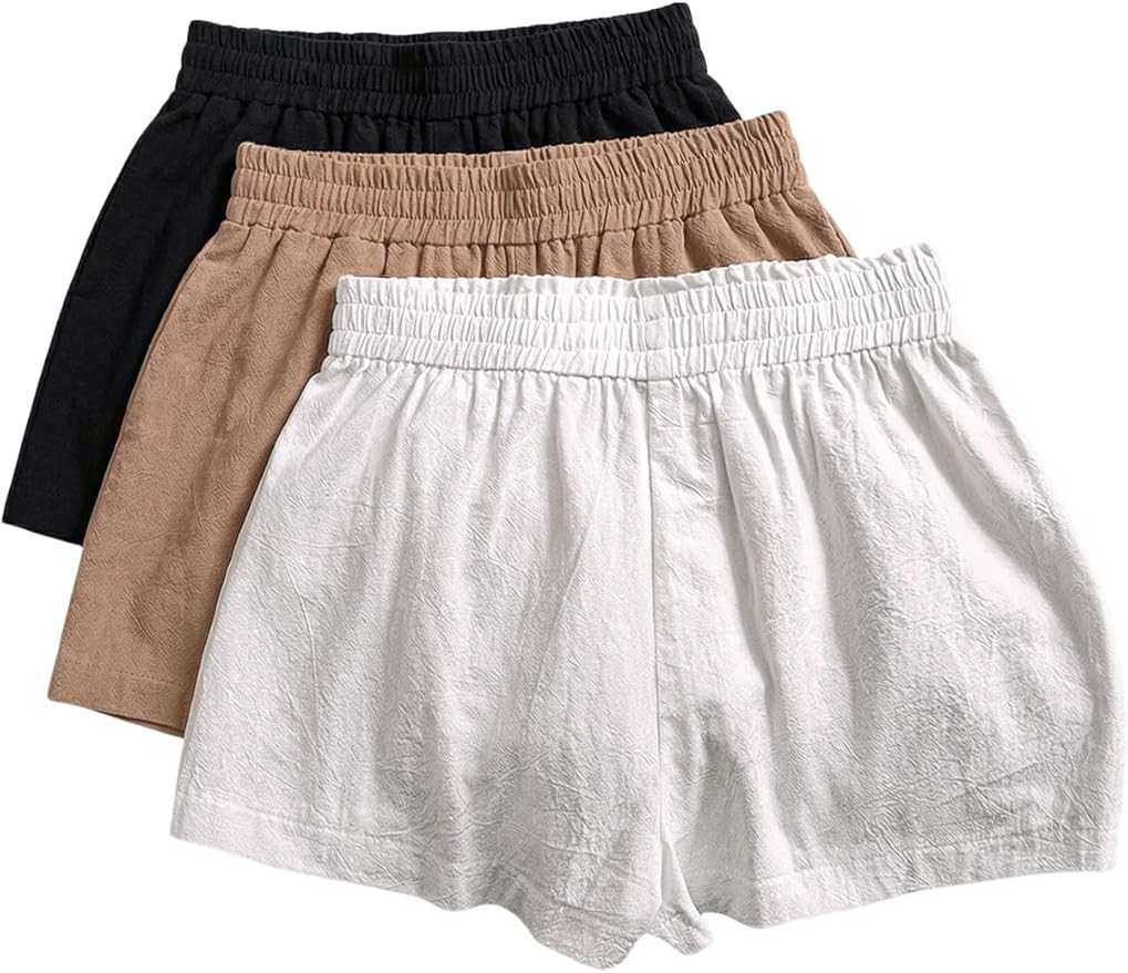 WDIRARA Women's 3 Pack Linen Shorts Elastic Waist Comfy Soft Lounge Shorts | Amazon (US)