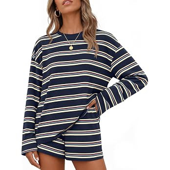 ZESICA Womens 2 Piece Striped Short Sets Fall Lounge Outfit | Amazon (US)