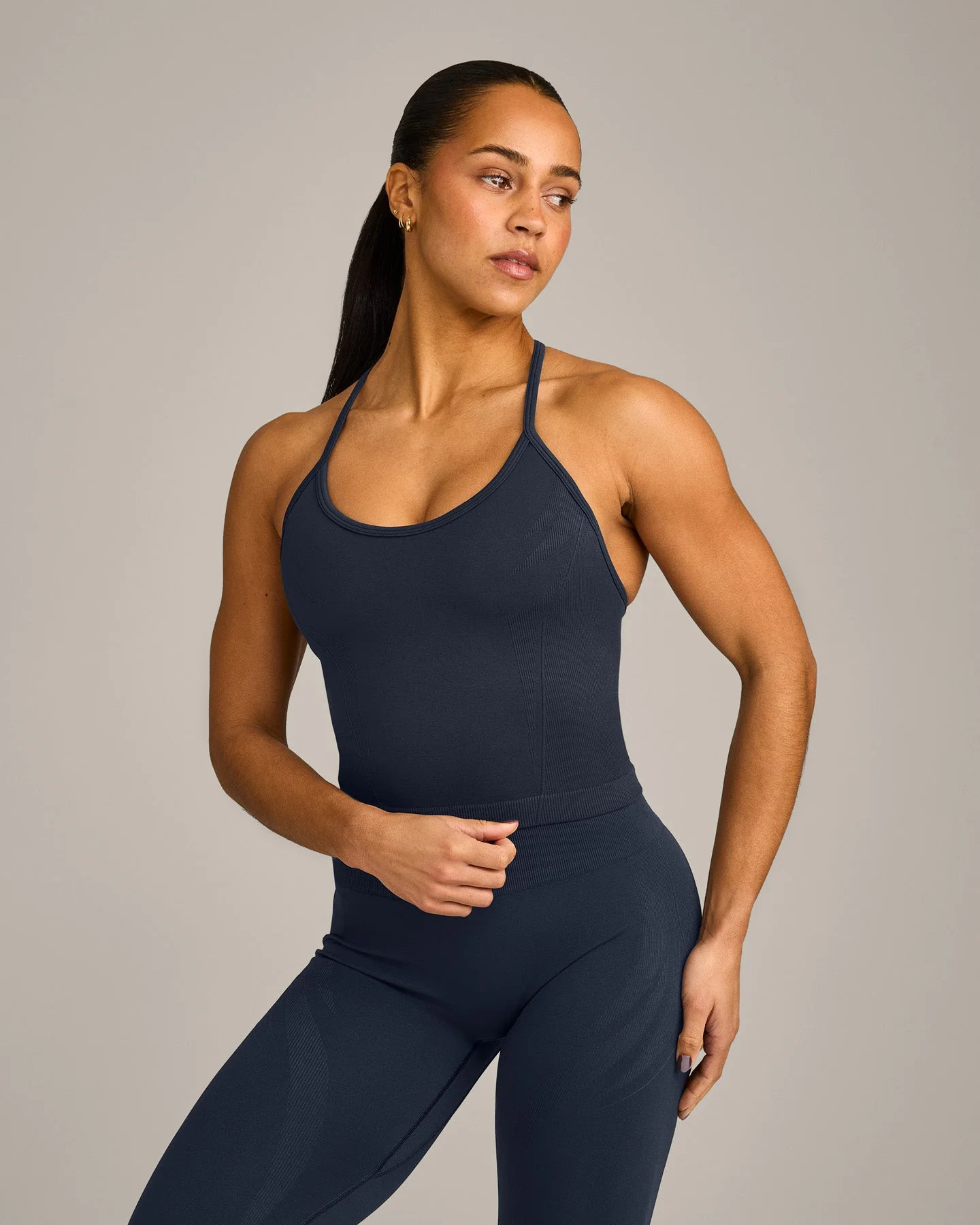 EnhanceLift™ Seamless Strappy Racer Tank Top with Built in Bra Shelf with Gray Logo | Warm Mink... | Oner Active (UK / US)