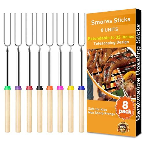 Smores Sticks for Fire Pit, 32" Marshmallow Roasting Sticks, Extendable Stainless Steel Campfire Roasting Forks with Wooden Handles, Camping Essentials Smores Kit, 8 Pack | Amazon (US)