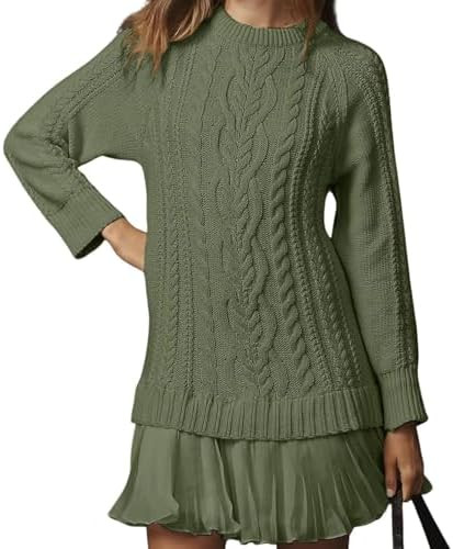 Women Cable Knit Sweater Dress Crewneck Long Sleeve Pleated Mini Dress Twofer Style Patchwork Kni... | Amazon (US)