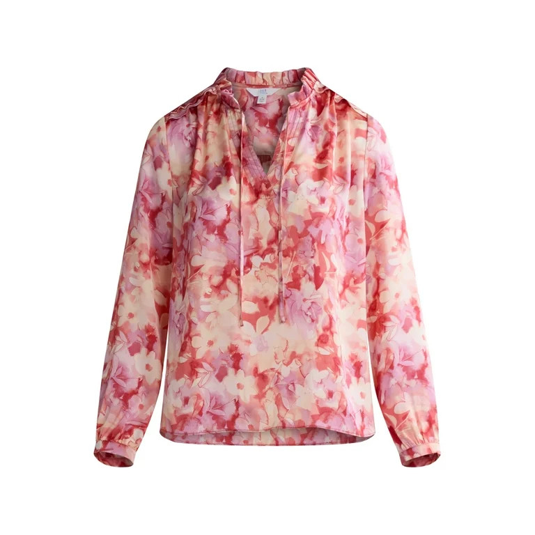 Time and Tru Women's Silky Satin Ruffle Neck Blouse, Sizes XS-XXXL | Walmart (US)