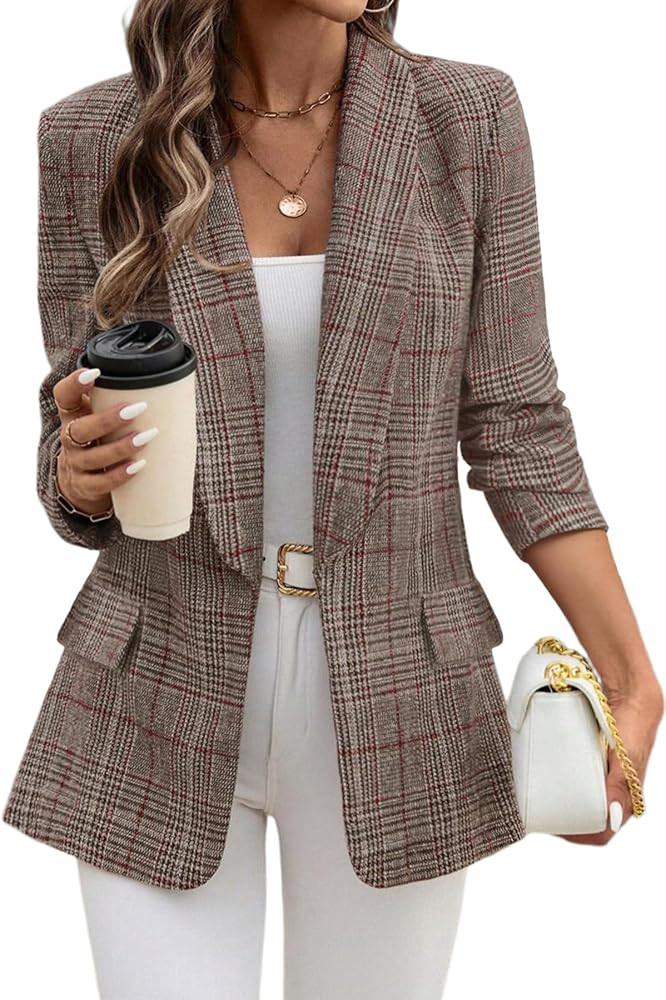 ELLEVEN Women's Shawl Collar Plaid Blazer | Amazon (US)