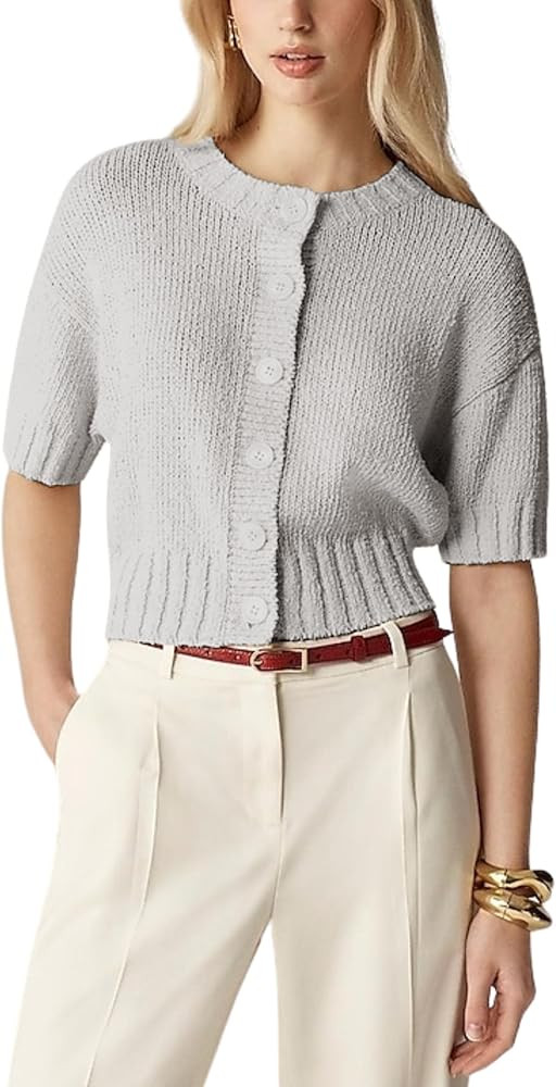Womens 2025 Lightweight Cardigan Short Sleeve Knit Button Down Cropped Pullover Ribbled Sweater | Amazon (US)