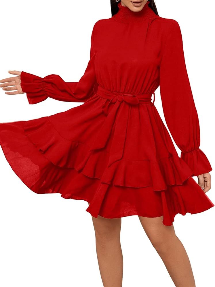 SweatyRocks Women's Elegant High Neck Flounce Sleeve High Waist Ruffle Belted Party Mini Dress | Amazon (US)