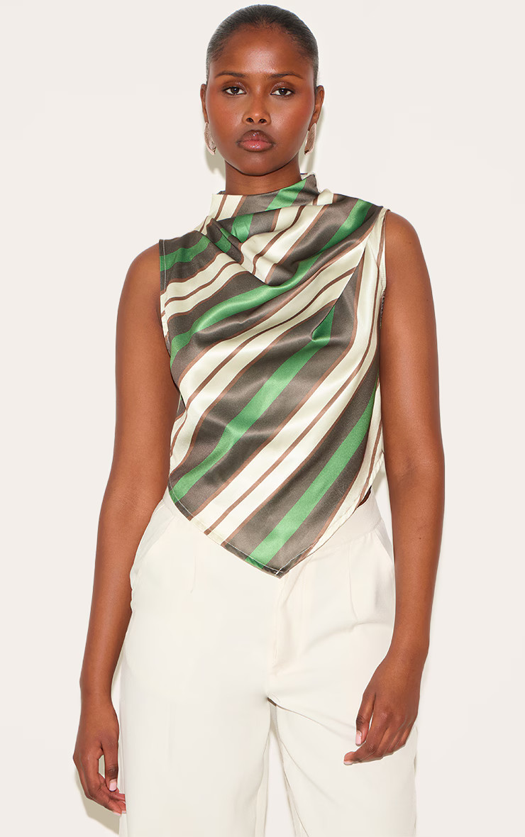 Green Satin Stripe High Neck Cowl Top | PrettyLittleThing US