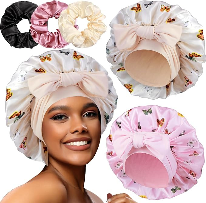 2+3 Large Satin Bonnets with Scrunchies for Women, Hair Bonnet Sleeping Tie Bonnet for Braids Cur... | Amazon (US)