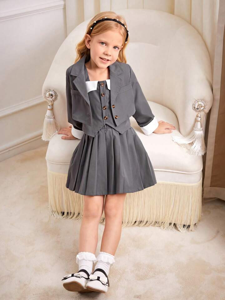 SHEIN Young Girls Lapel Neck Blazer & Button Front Vest & Pleated Skirt For Summer | SHEIN