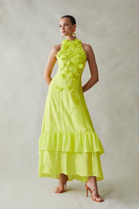 Applique Beaded Halter Woven Maxi Dress | Karen Millen US