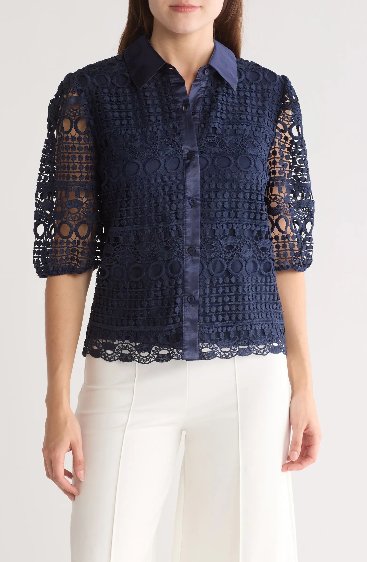 Brianna Lace Puff Sleeve Button-Up Top | Nordstrom Rack