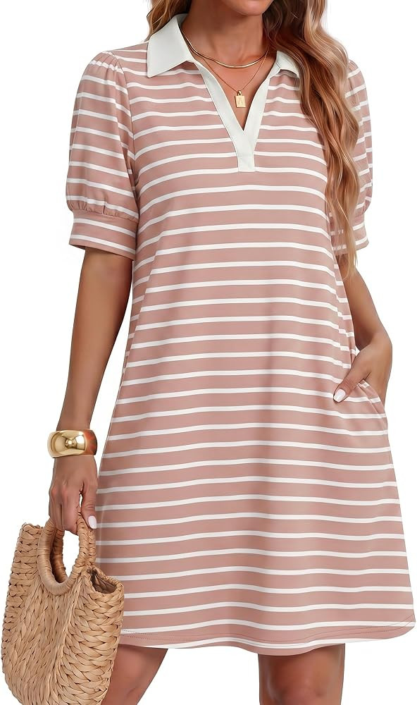 ZESICA Womens Summer Striped T Shirt Mini Dresses 2026 Casual Lapel V Neck Short Sleeve Flowy A L... | Amazon (US)