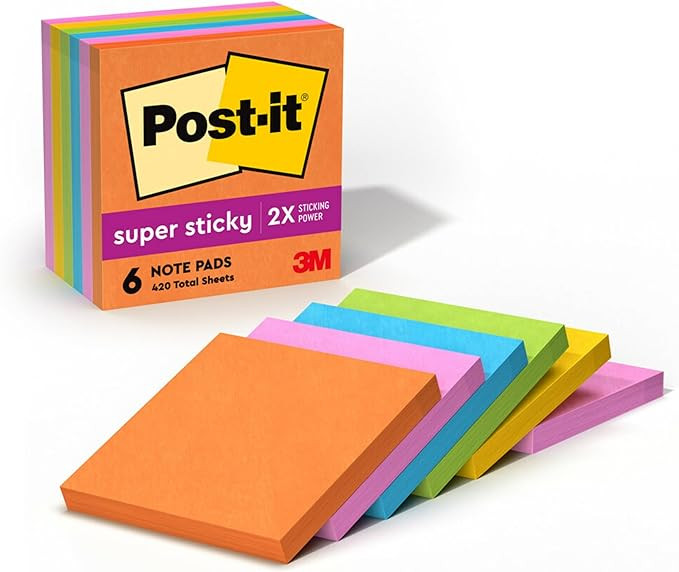 Post-it Super Sticky Notes, 3x3 in, 6 Pads, 2X The Sticking Power, Energy Boost Collection, Brigh... | Amazon (US)