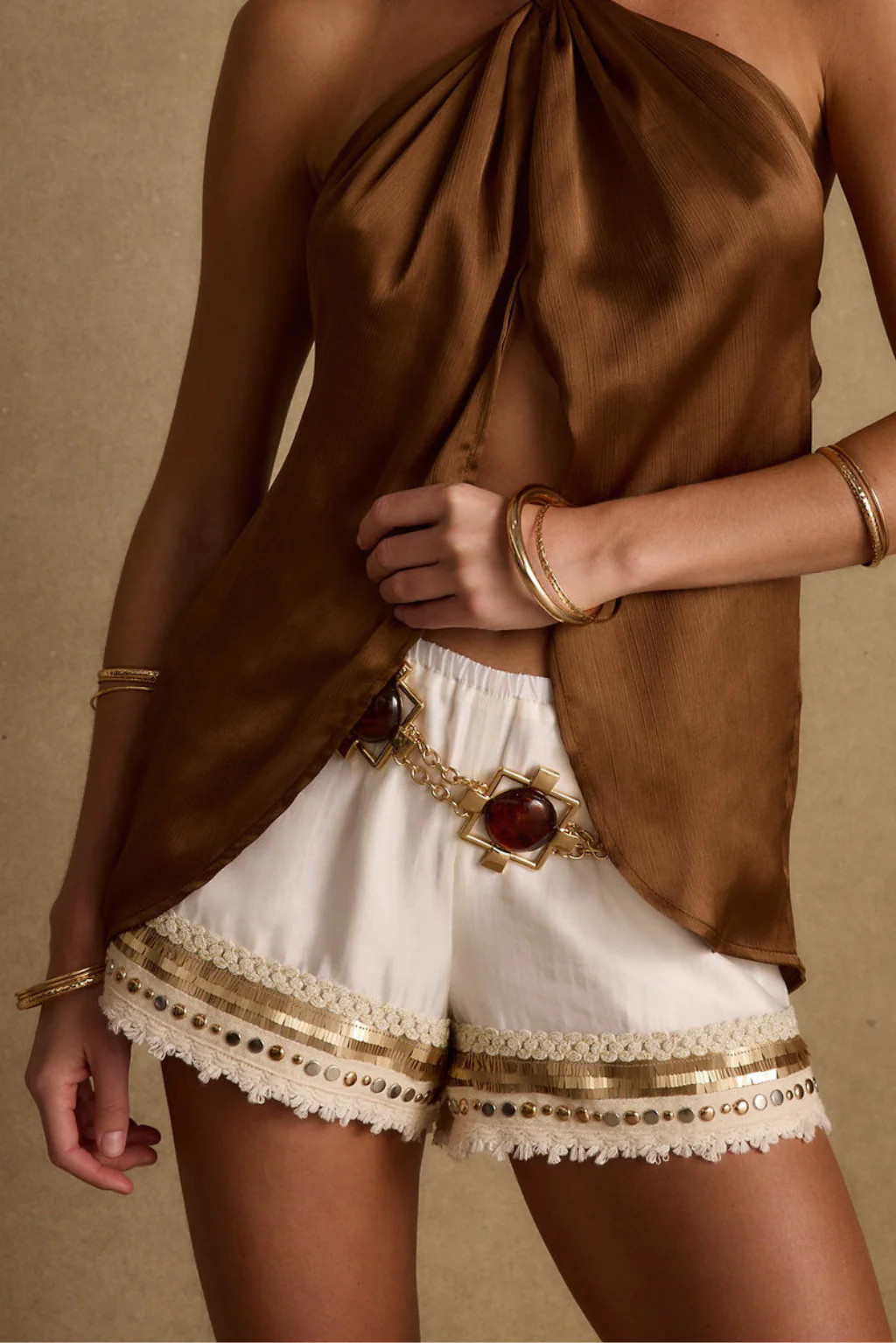 Nayeli Gold Embellished Shorts | 12th Tribe