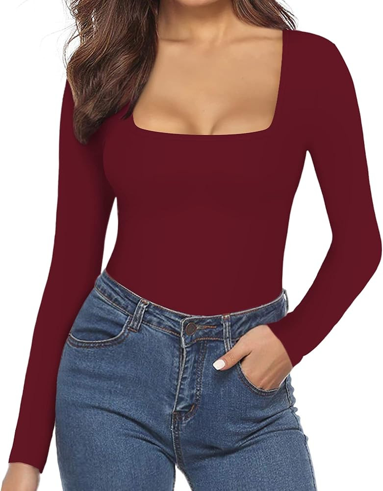 MANGOPOP Square Neck Bodysuit Long Sleeve for Women Short Sleeve Body Suit Going Out Tops Shirts | Amazon (US)