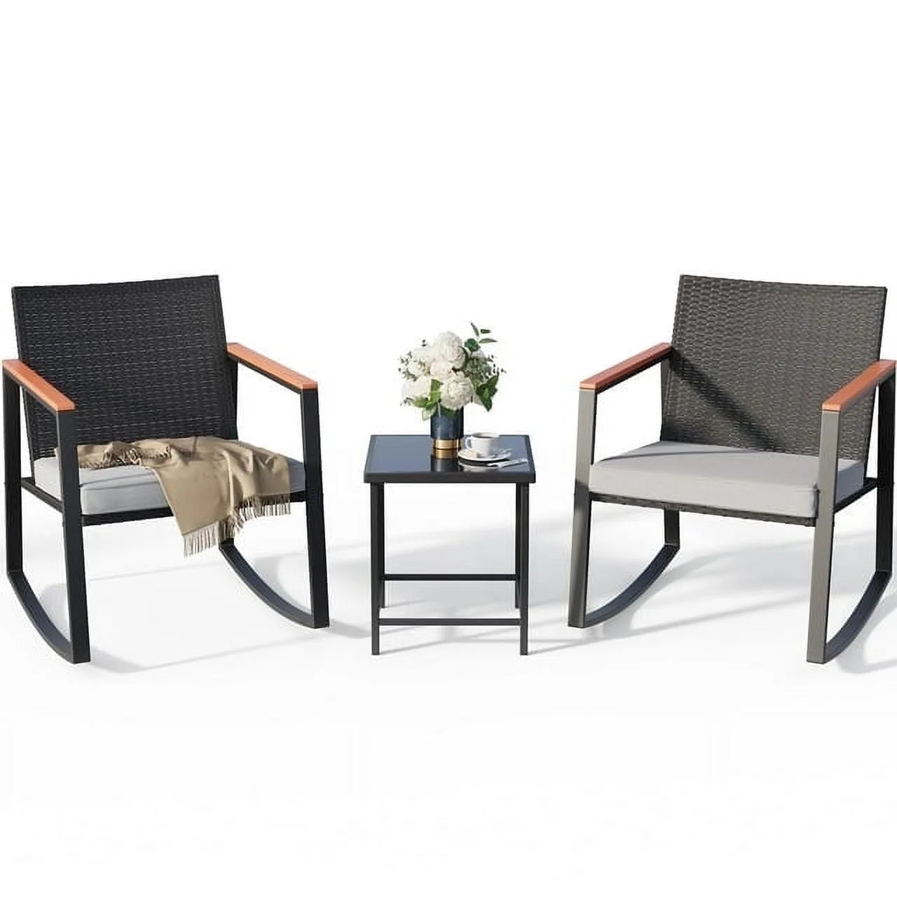 Lofka Patio Rocking Chairs Set with Glass Coffee Table, 3-Piece Outdoor Furniture Set for Balcony... | Walmart (US)