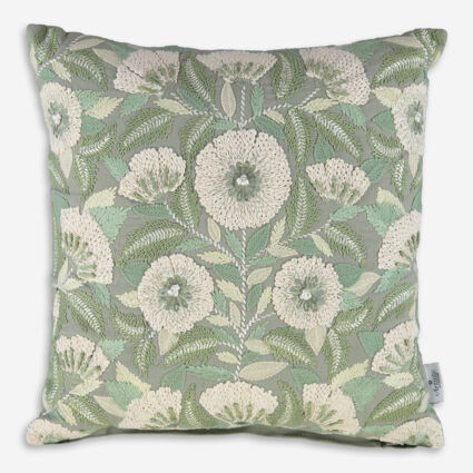 Green & Cream Embroidered Floral Cushion 50x50cm | TK Maxx