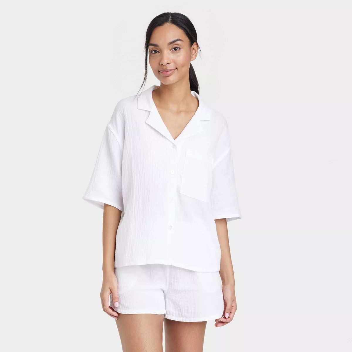 Women's 100% Cotton Gauze Short Sleeve Notch Collar Top - Stars Above™ | Target