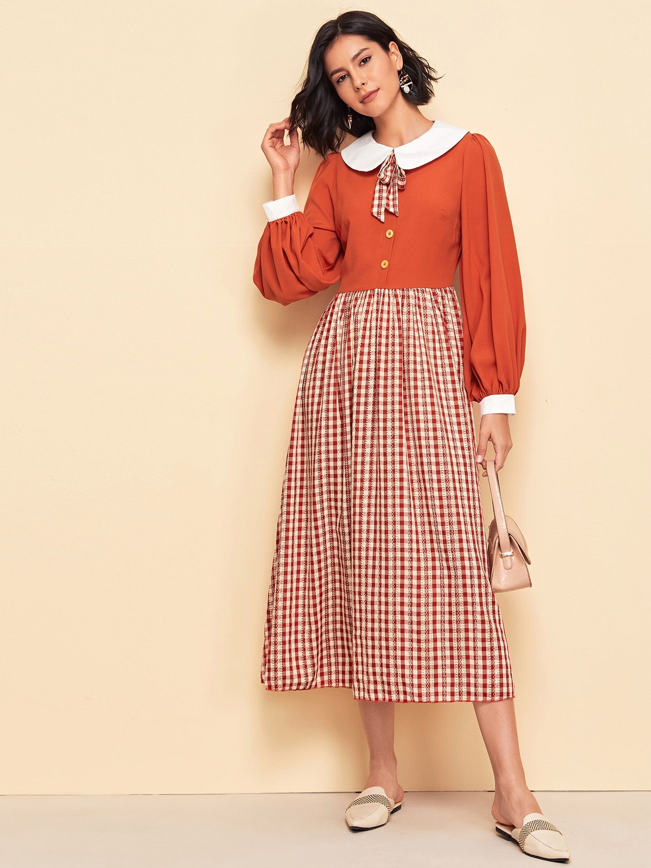 Plus Peter Pan Collar Tie Neck Buttoned Front Gingham Dress | SHEIN