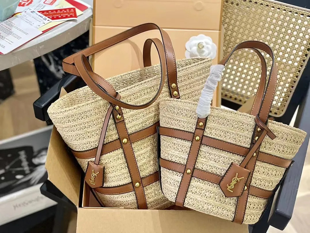 YSL Designer In Crochet Raffia And Smooth Leather Hollowed Out Brown Straw Basket Tote Bag Gold L... | DHGate