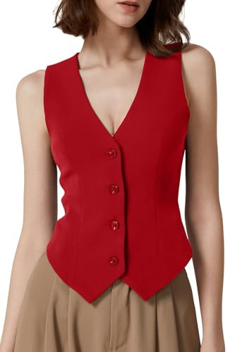 QINSEN Womens V Neck Vest Top Sleeveless Button Down Fully Lined Solid Going Out Crop Tops | Amazon (US)