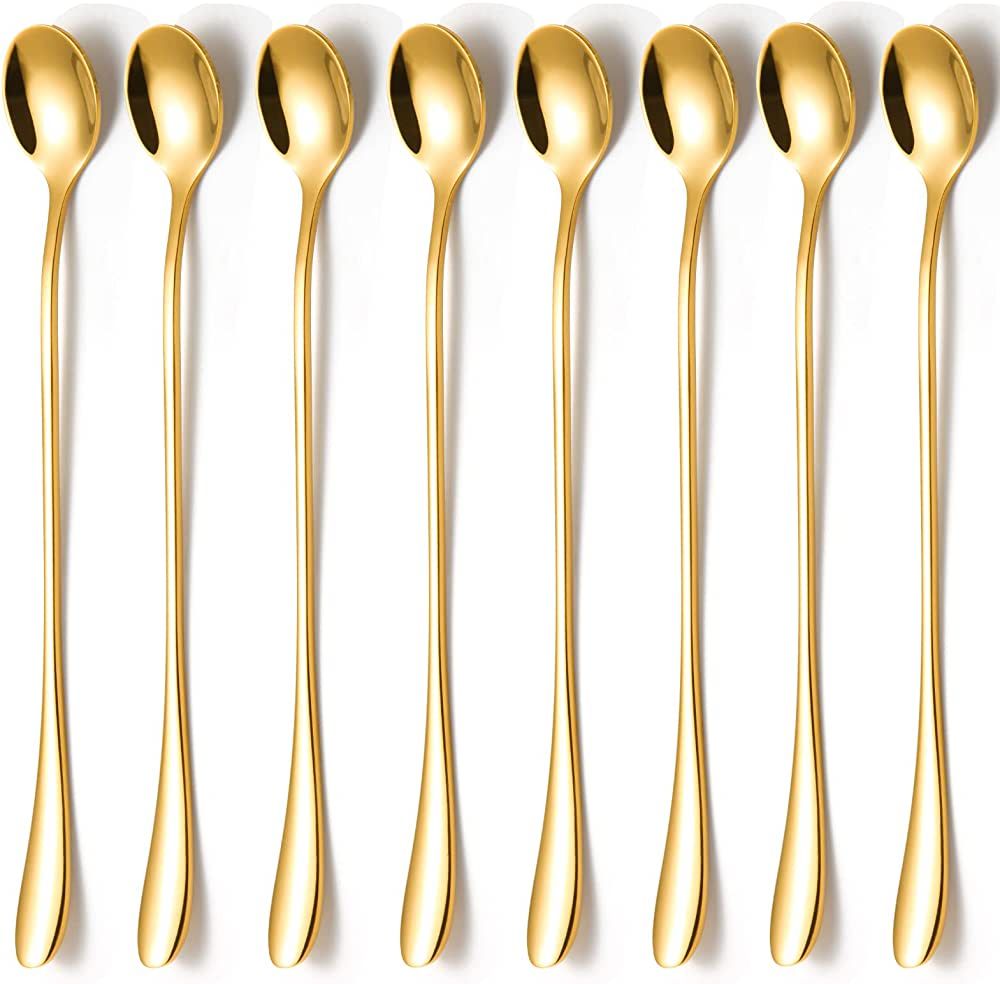 KITWARE Gold Ice Teaspoons Set of 8 Pieces, 7.7 inch Long Handle Spoon, Stainless Steel Coffee Sp... | Amazon (US)