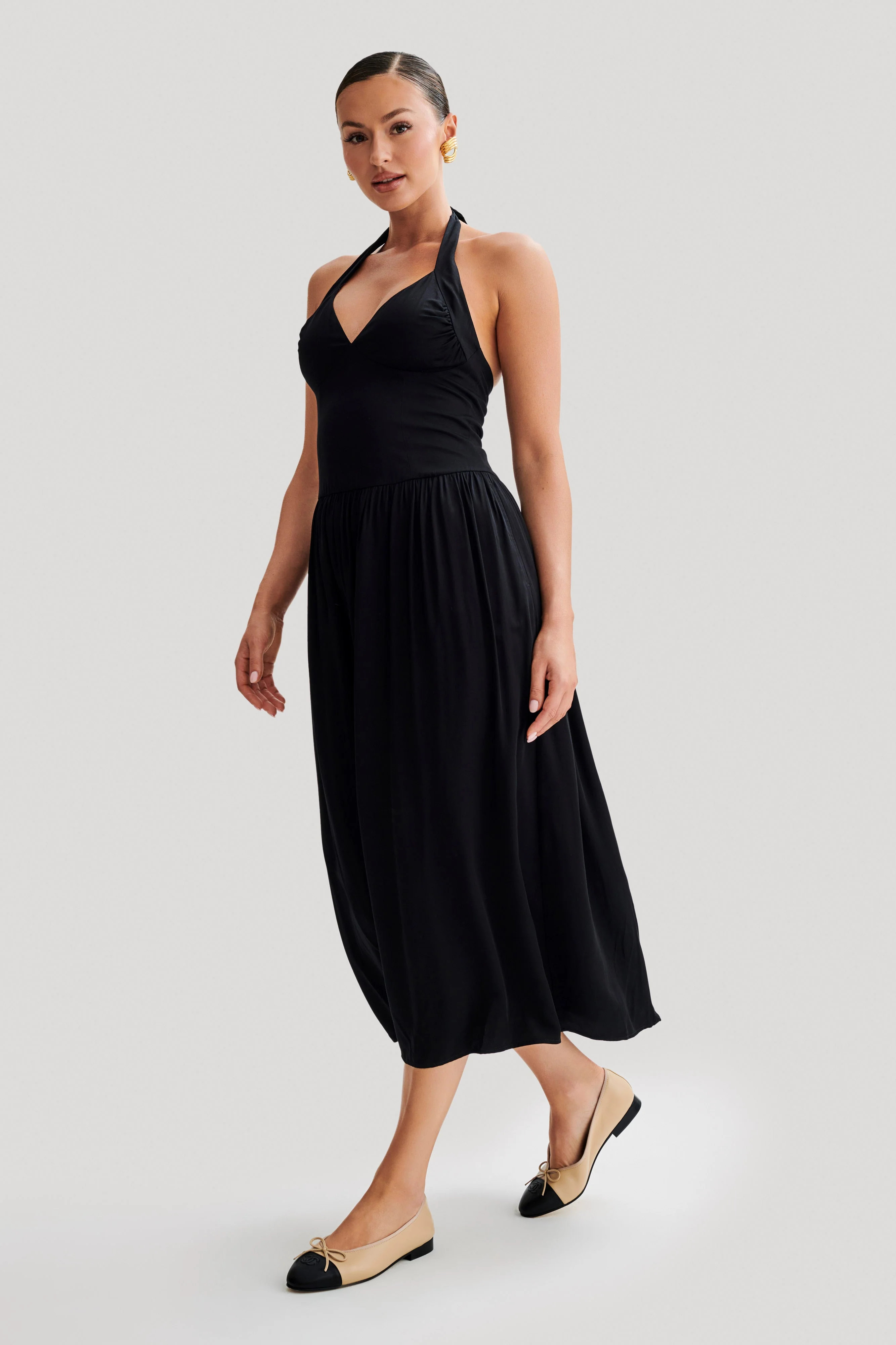 Harriette Halter Midi Dress - Black | MESHKI US