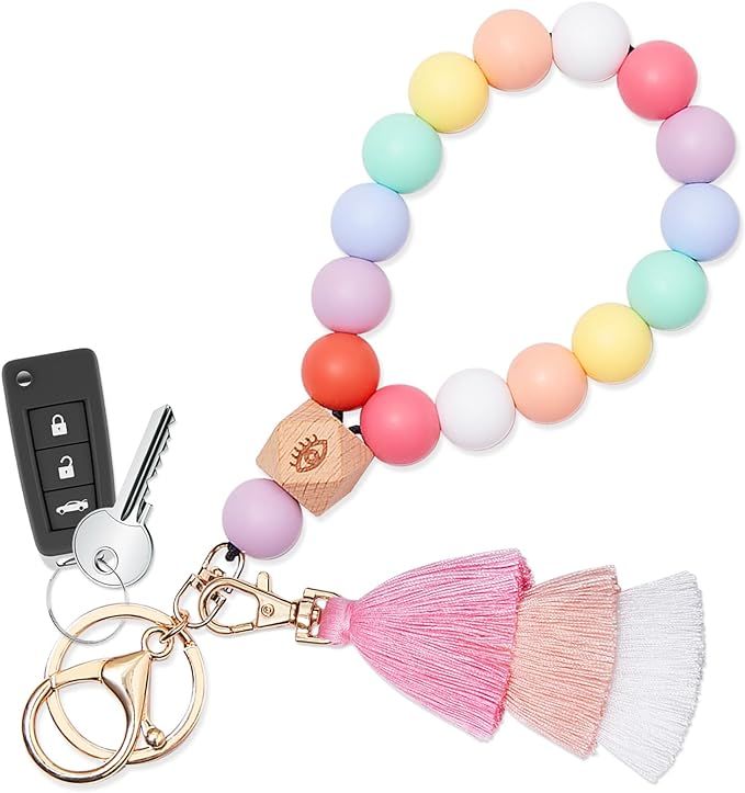 Beaded Keychain with Tassel, Silicone Key Ring Bracelet, Cute Boho Car Key Chain Wristlet for Wom... | Amazon (US)