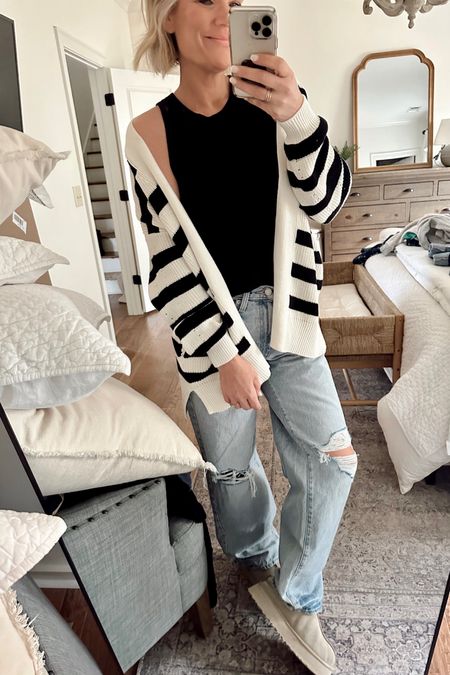 Target clothing // stripe sweater, tank top, and 90s baggy jeans // Wearing a size 6 in the jeans (size down if between sizes), a large in the tank top, and medium in the sweater 

#LTKSeasonal #LTKstyletip #LTKover40