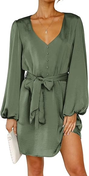 PRETTYGARDEN Women's Long Puff Sleeve Satin V Neck Cocktail Party Belted Short Formal Dresses | Amazon (US)