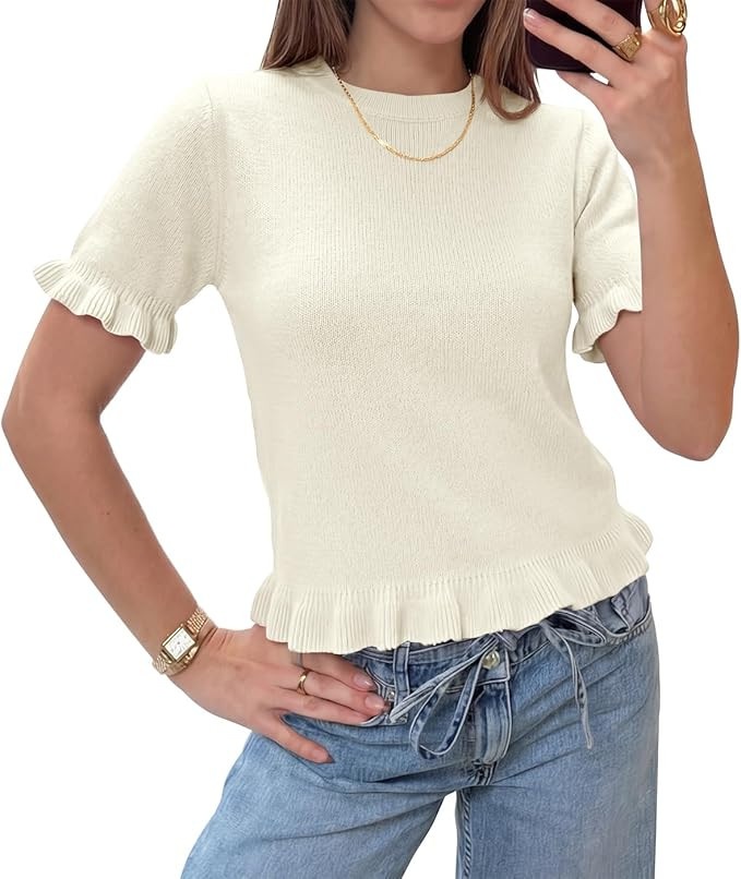 Tankaneo Womens Summer Short Sleeve Cropped Sweaters Spring Lightweight Knit Peplum Tops Dressy C... | Amazon (US)