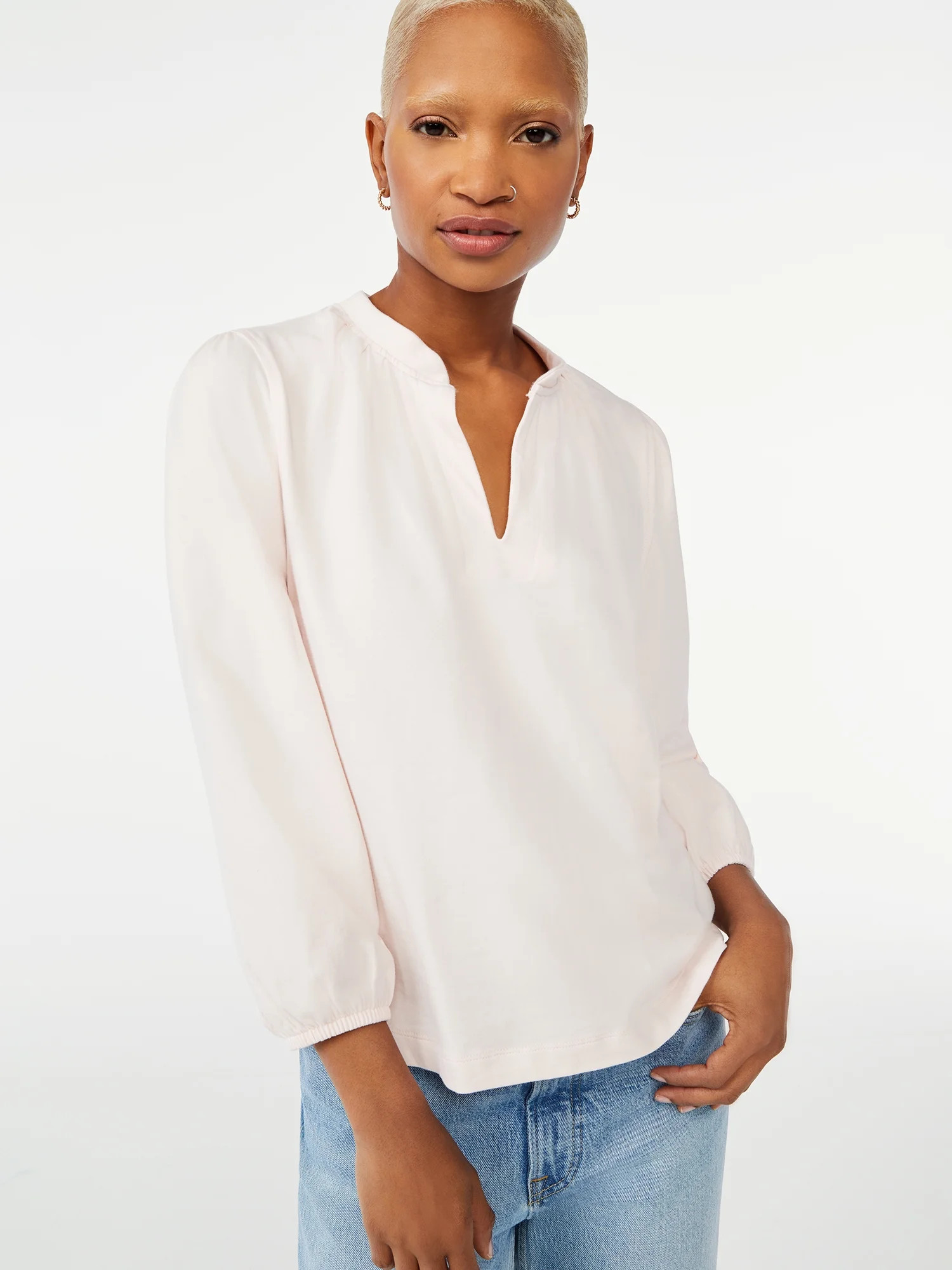 Free Assembly Women's Split Neck Top with Blouson Sleeves - Walmart.com | Walmart (US)