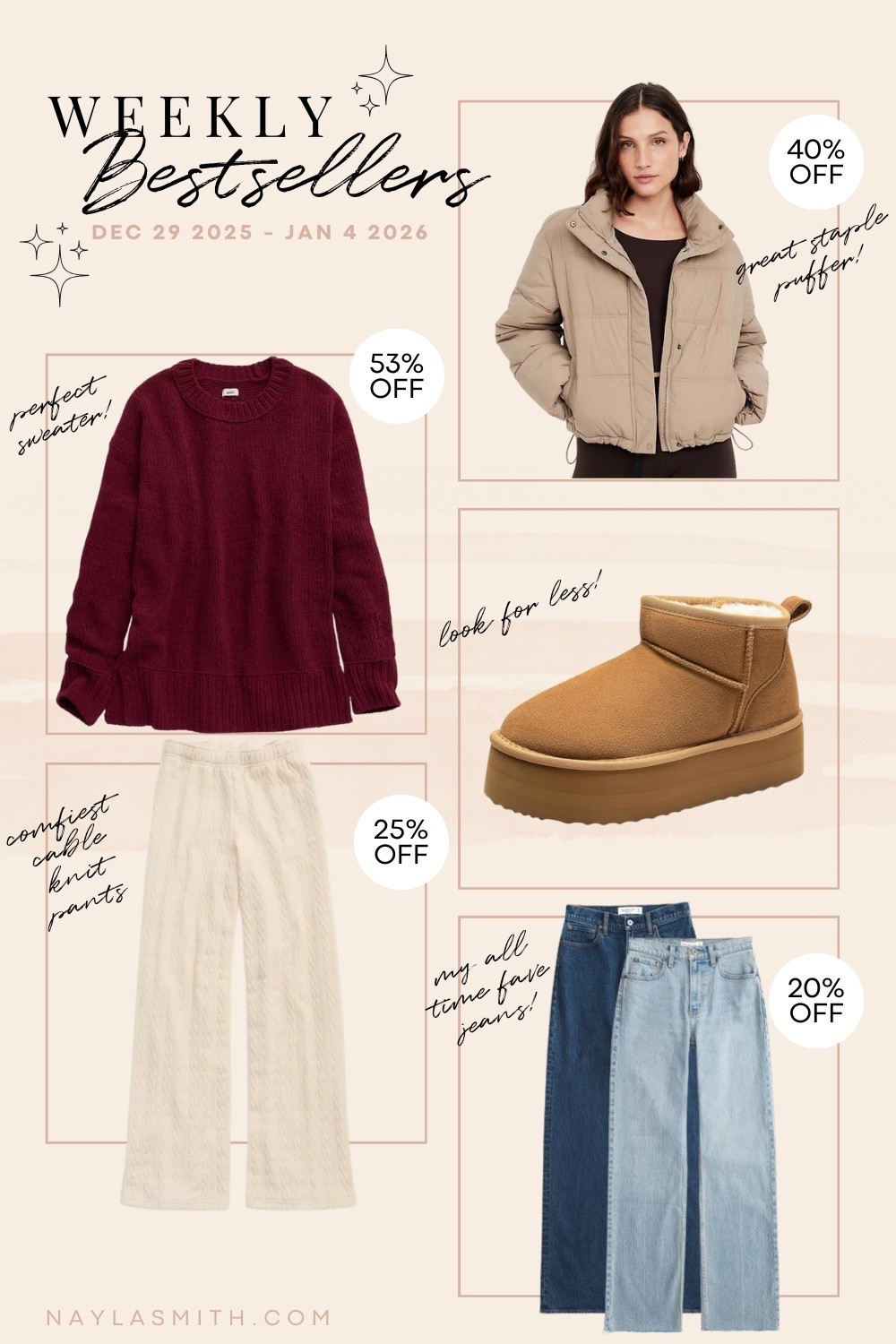 Weekly Bestsellers Dec 29 - Jan 4 • my fave chenille sweater (I wear L), comfy cable knit pants (I wear L), my fave jeans (I wear 32), neutral puffer jacket (I wear L, Canadian link under similar products), Ugg look for less boots from Amazon (I’m a 9.5-10 and wear a 10)


#LTKjeans #LTKsale #LTKwinter