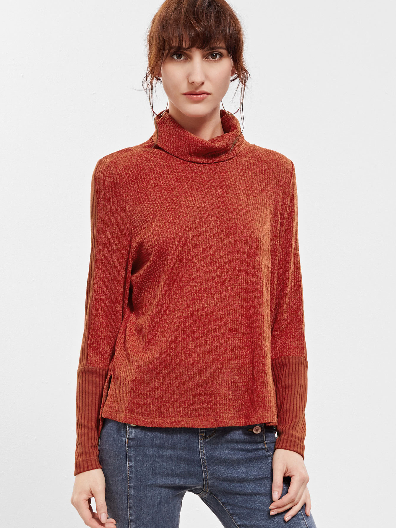 Burgundy Turtleneck Side Slit T-Shirt | SHEIN