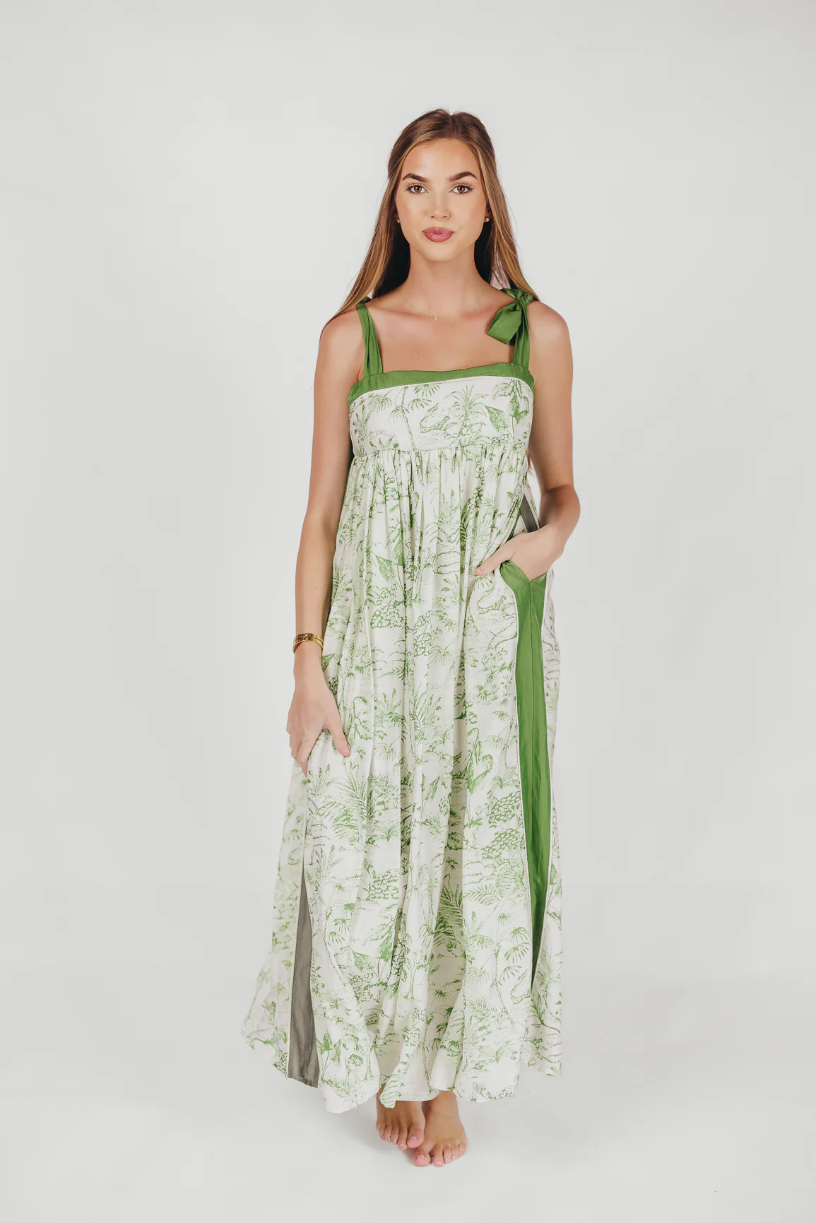 Sunny Floral Maxi Dress with Tie Straps in Green Palm | Worth Collective