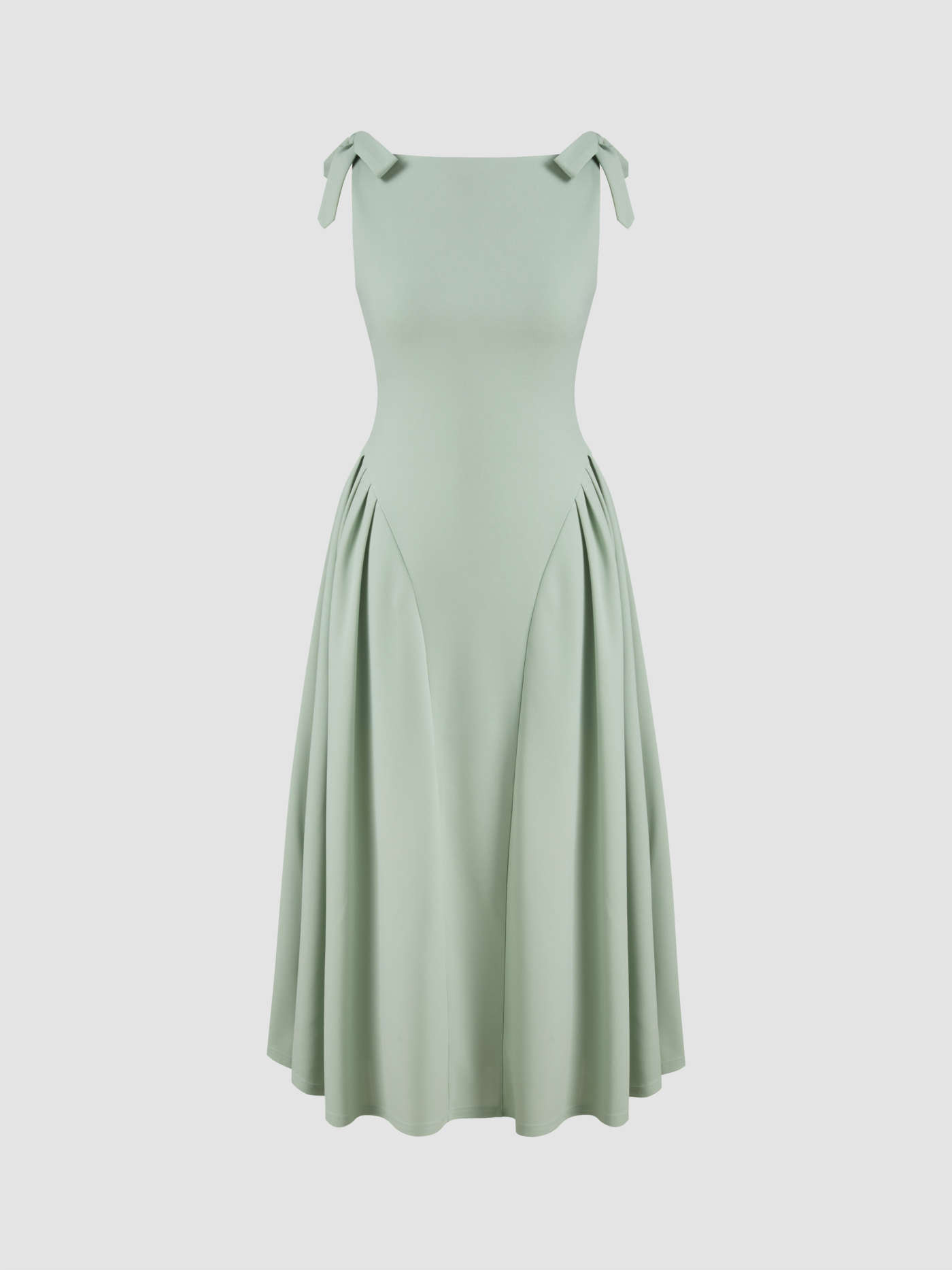 Boat Neckline Solid Knotted Pleated Sleeveless Maxi Dress... | Cider