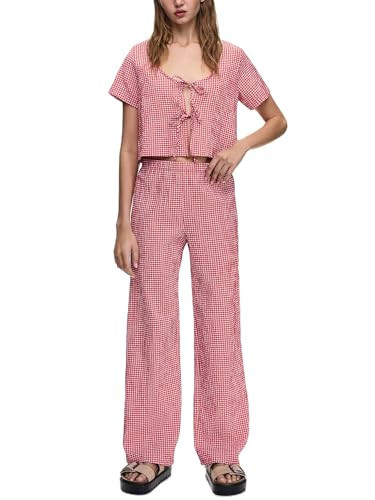 Women Y2k Plaid Pajamas Set Short Sleeve Ruffle Hem Peplum Shirt Gingham Wide Peg Pants 2 Piece Lounge Set(J Red,m) | Amazon (US)