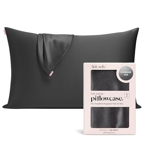 Kitsch Satin Pillowcase with Zipper for Hair & Skin, Softer Than Silk Pillow Cases Queen, Wrinkle-Free, Smooth and Cooling Satin Pillow Covers, Standard Size 19"x26" - Charcoal | Amazon (US)