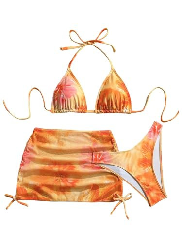 SHENHE Women's 3 Piece Floral Swimsuits Triangle Halter High Cut Bikini Set with Cover Up Skirt Orange X-Large | Amazon (US)