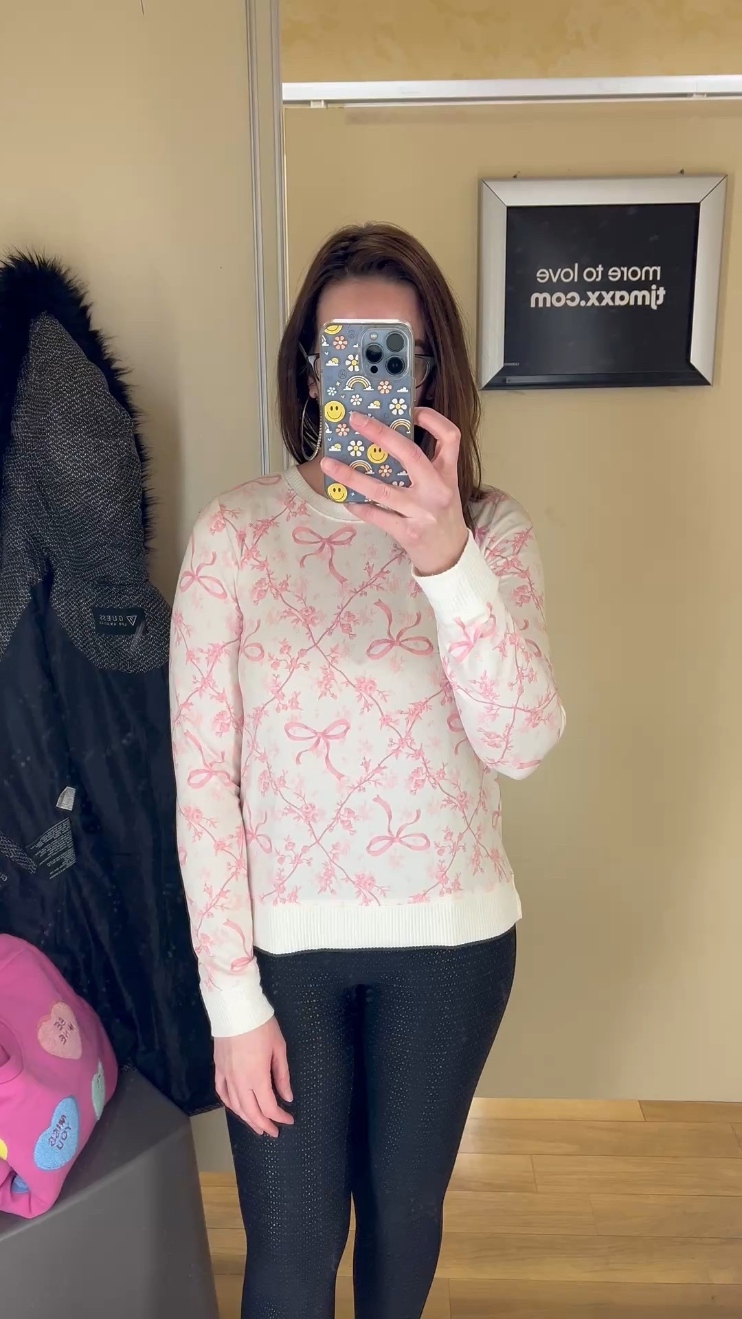 Pink and white bow long sleeve bow top (small). Black faux leather leggings (small). #top #sweater #bowtop #bowsweater #leggings #blackleggings #fauxleatherleggings #valentinesdayoutfit #datenightoutfit 
date night outfits 
valentines day outfit women @TJ Maxx @Spanx 

#LTKSeasonal #LTKValentine