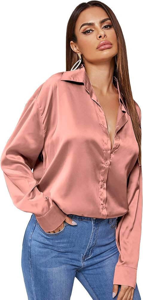 SOLY HUX Women's Satin Silk Long Sleeve Button Down Shirt Formal Work Blouse Top | Amazon (US)
