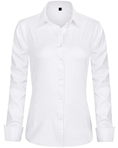 J.VER Womens Dress Shirts Long Sleeve Button Down Shirt Wrinkle-Free Business Casual Blouse Office Work Tops White Large | Amazon (US)
