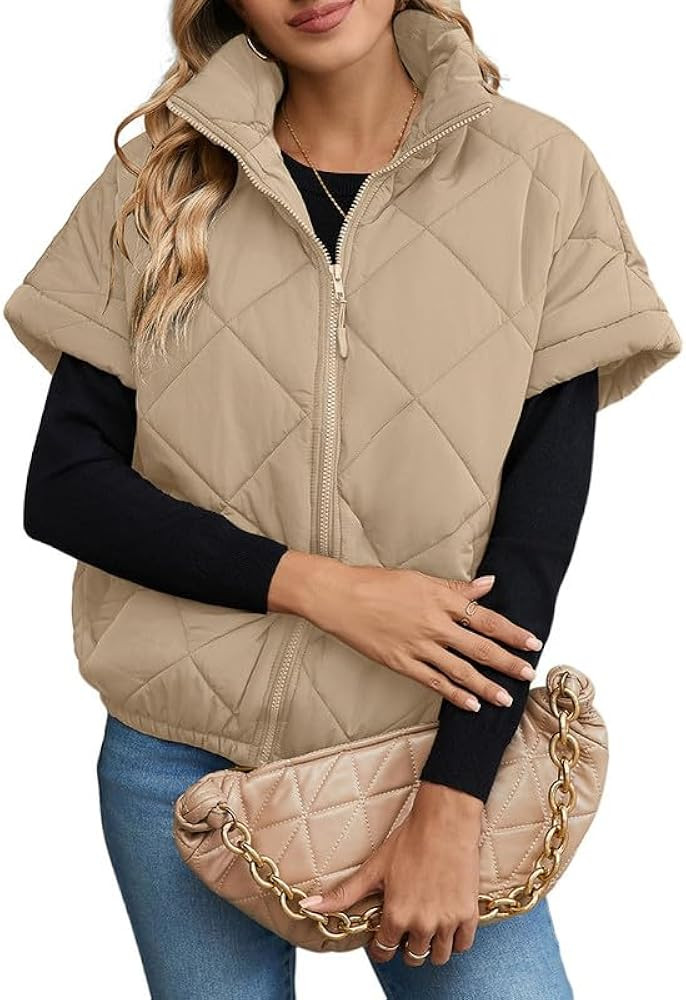 SHEWIN Quilted Jackets For Women 2024 Casual Lightweight Short Sleeve Zip Up Warm Vests | Amazon (US)