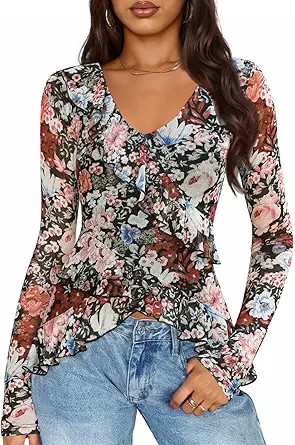 ZESICA Women's Long Sleeve Floral Shirts V Neck Going Out Ruffle Tops Blouses 2025 Fall Fashion C... | Amazon (US)
