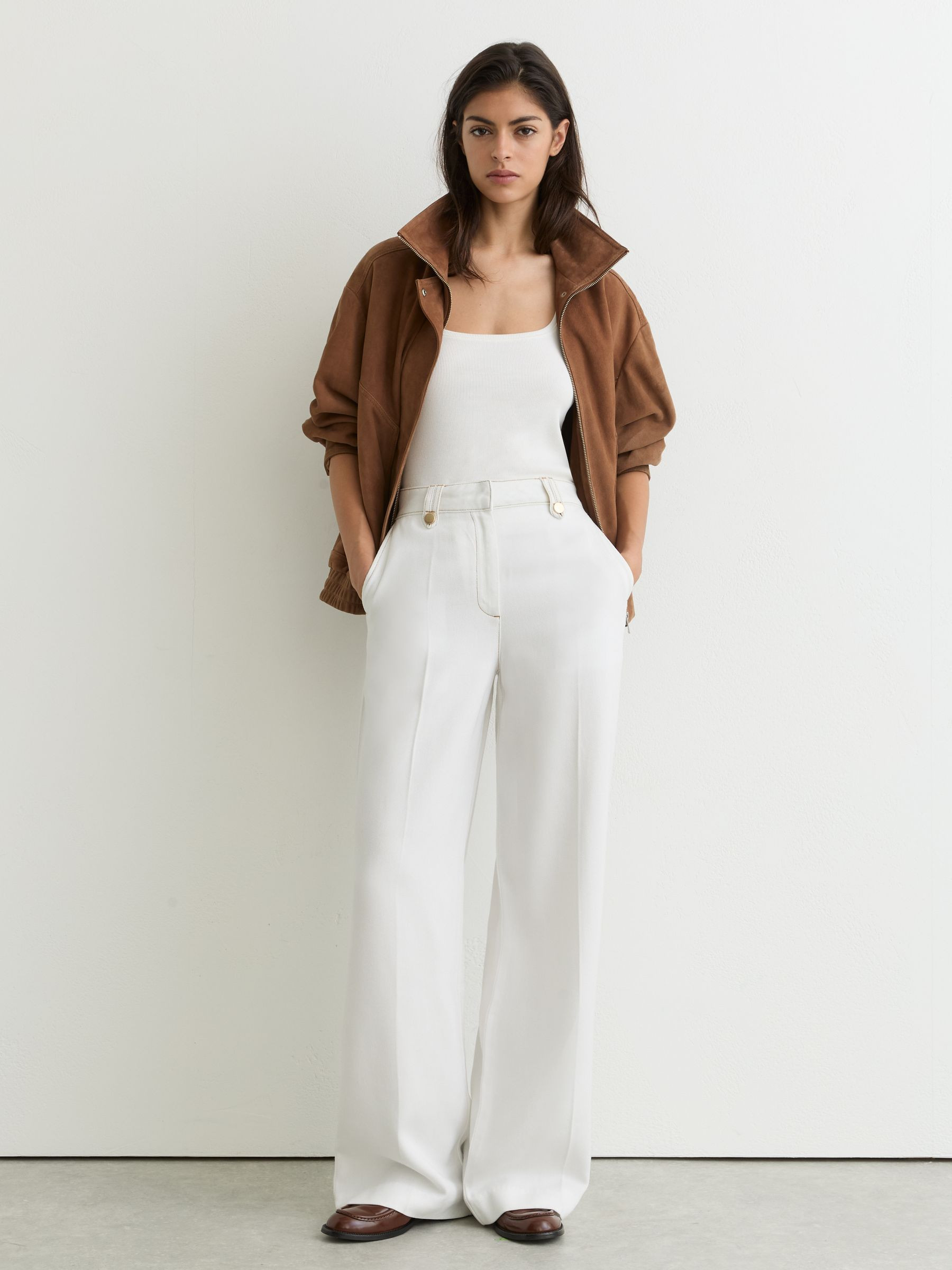 Lyocell Topstitched Wide-Leg Trousers in White | Reiss UK