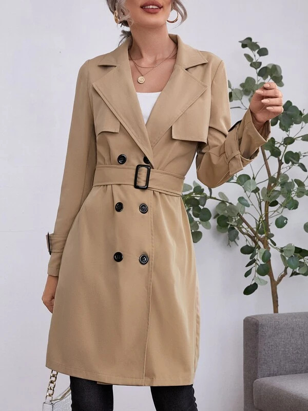 Double Breasted Buckle Belted Trench Coat | SHEIN