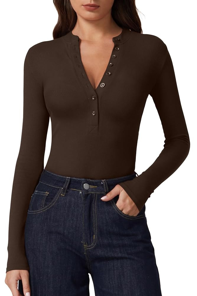 QINSEN Button Down Shirts for Women V Neck Long Sleeve Ribbed Knit Slim Fit Basic Tee Tops | Amazon (US)