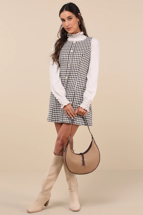 Coveted Poise Brown Houndstooth Button-Front Shift Mini Dress | Lulus