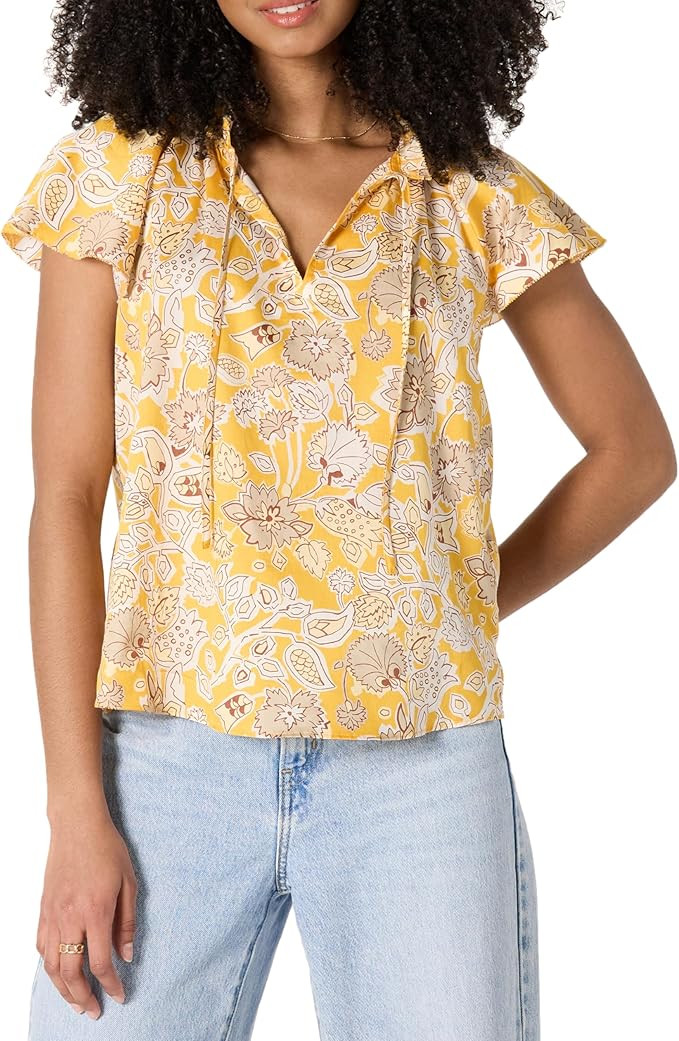 Amazon Essentials Women's Relaxed-Fit Ruffle-Neck Cotton Sateen Long-Sleeve Blouse | Amazon (US)