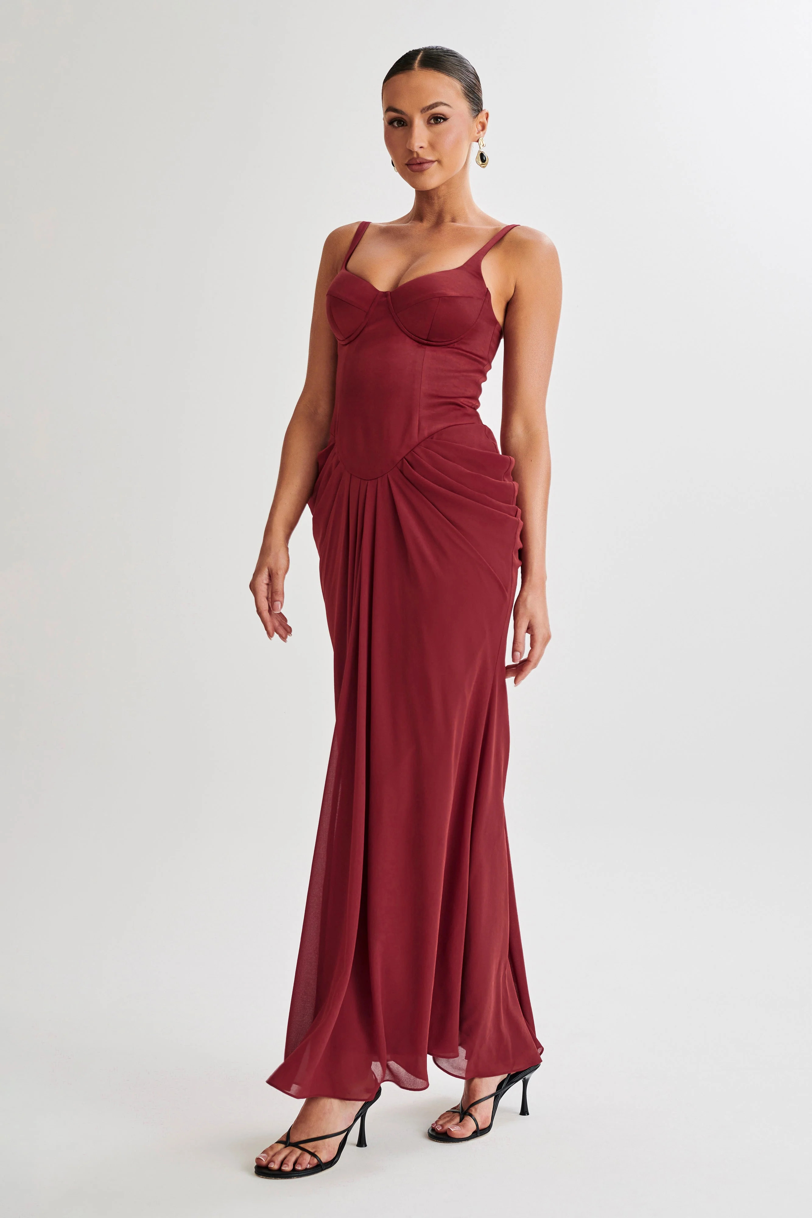 Leila Satin Corset Maxi Dress - Wine | MESHKI US