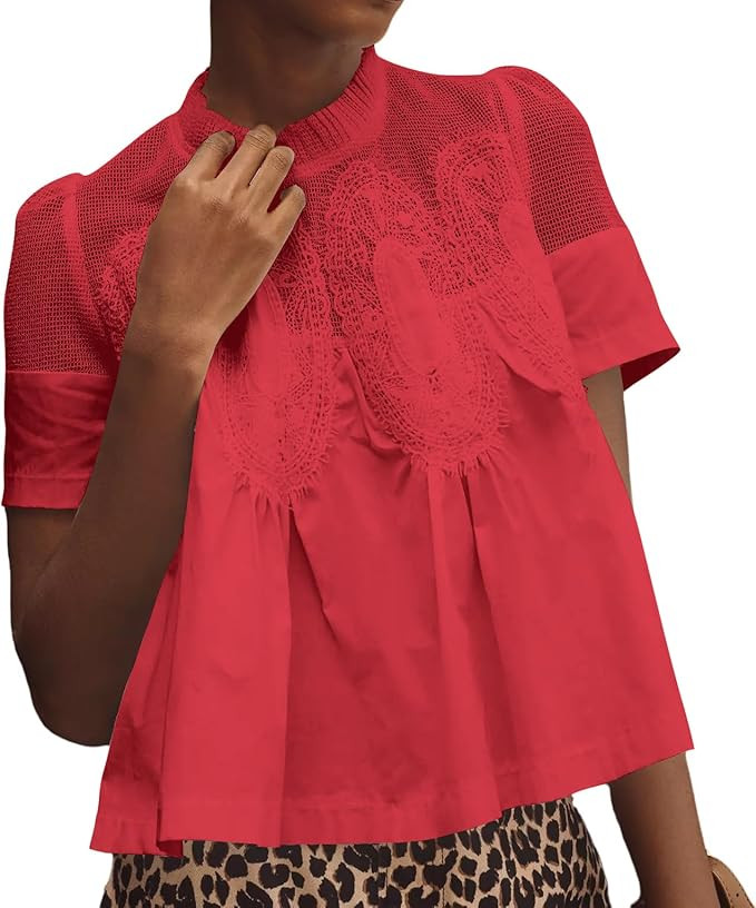 Women’s Lace Flared Short Sleeve Blouse Lace Poplin Ruffle Mesh Crew Neck Swing Babydoll Tops E... | Amazon (US)